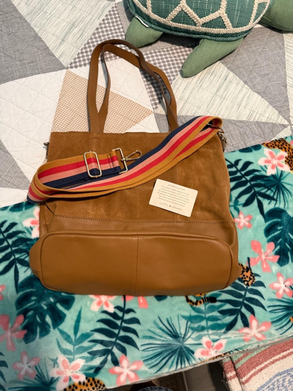 Lucky Brand Caramel Suede and Leather Tote with Striped Strap